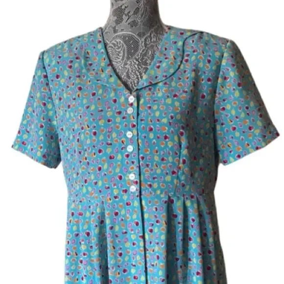 VINTAGE 90s Liz Claiborne Fruit Print Button Front Midi Dress Blue - Picture 4 of 11
